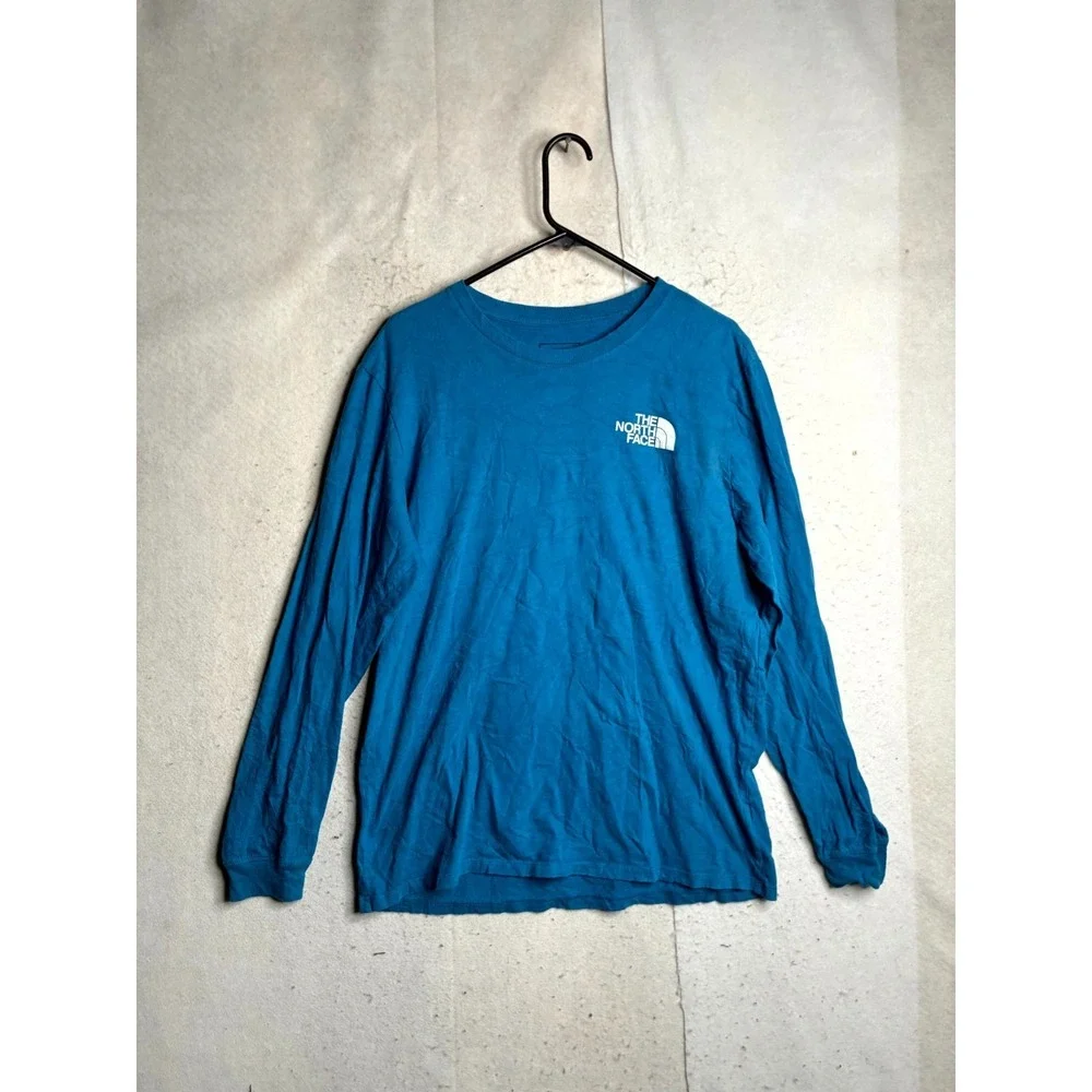The North Face T Shirt Mens L Blue Circular Design Graphic Long Sleeve Crewneck